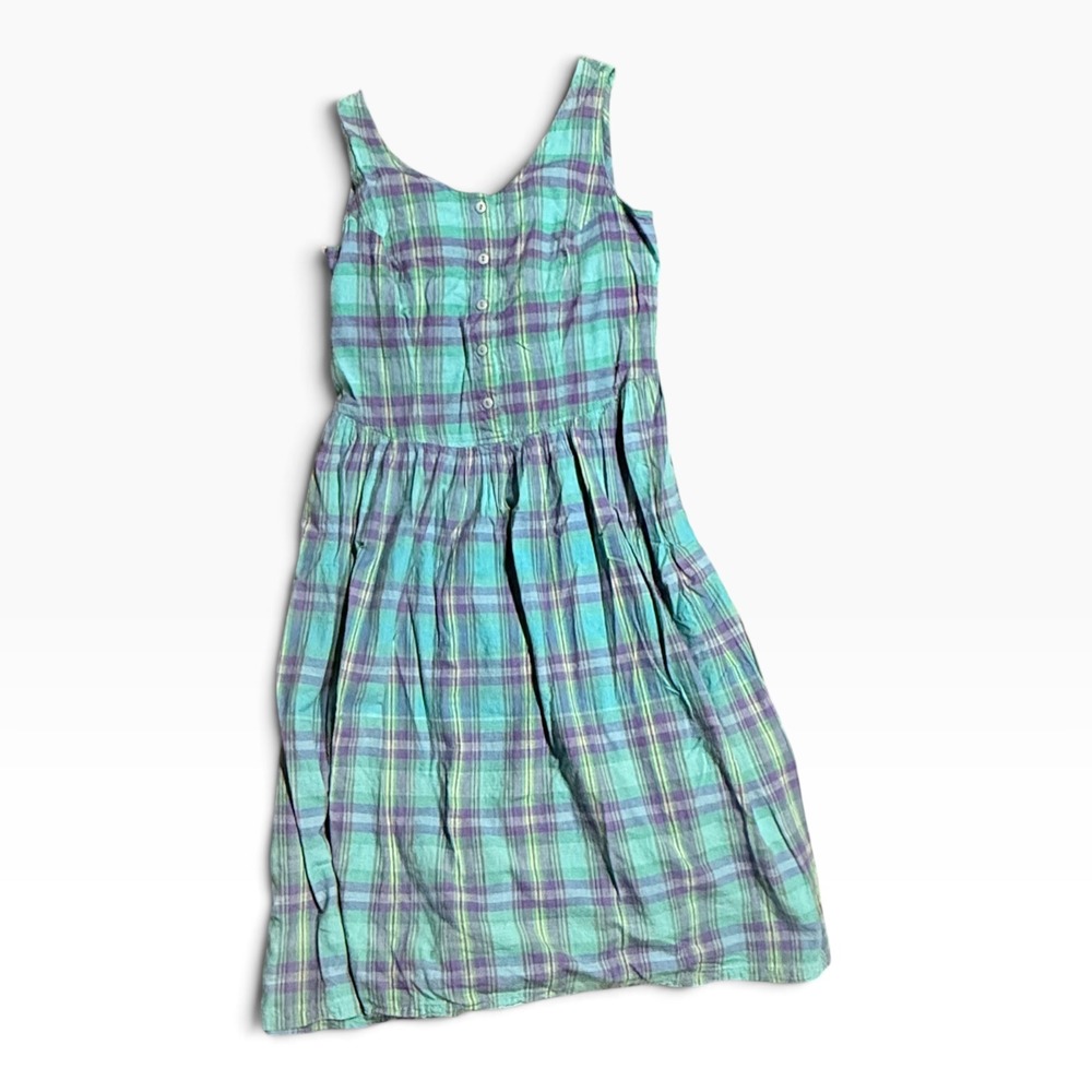 Sleeveless Plaid Cotton Midi Dress in Aqua and Purple